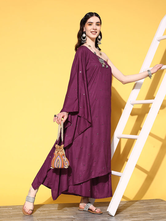 Wine Mirror Work One Shoulder Kurta Set