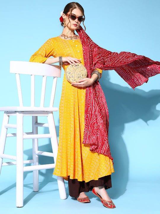 Yellow Bandhani Anarkali Kurta With Dupatta