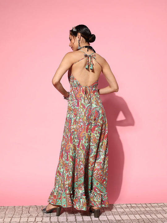 Green Paisley Print Back Detail Long Dress