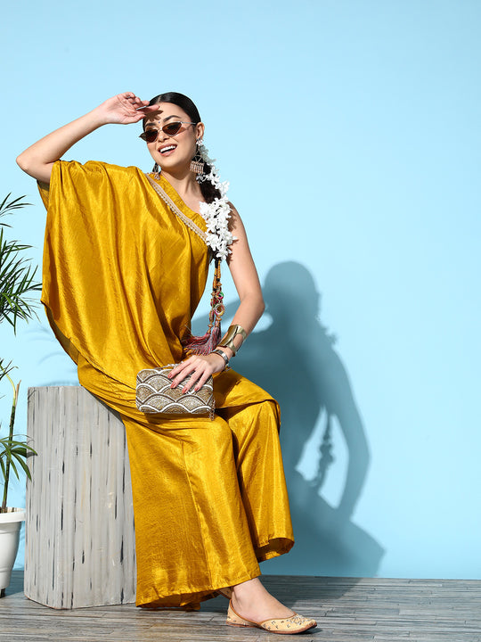 Mustard One Shoulder Kurta Set With Gota Work