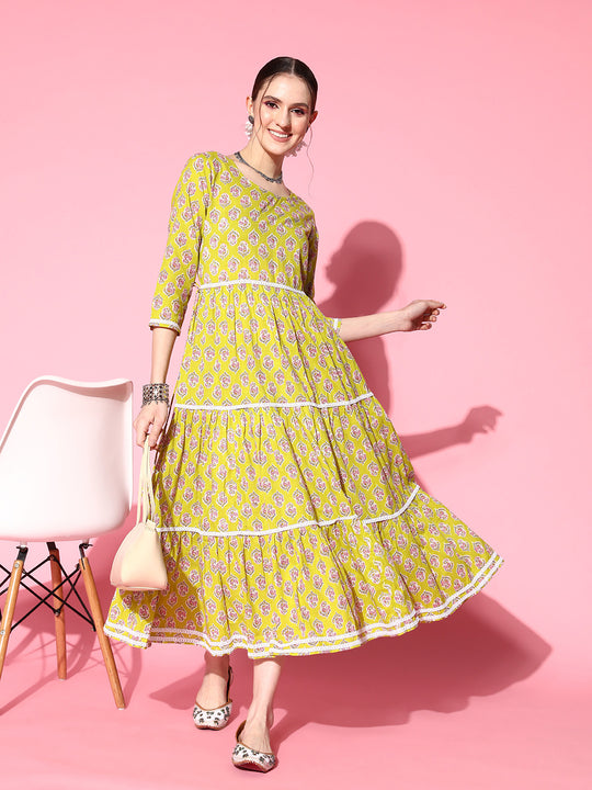 YELLOW FLORAL PRINT TIERED DRESS WITH LACE