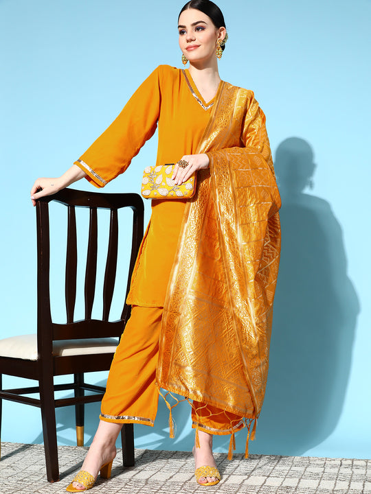 Mustard Velvet Kurta Set With Mustard Gold Dupatta