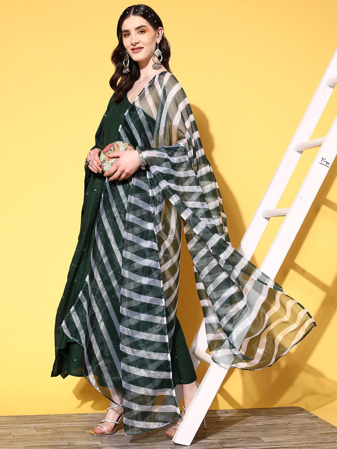 Green Mirror Work One Shoulder Kurta Set With Dupatta