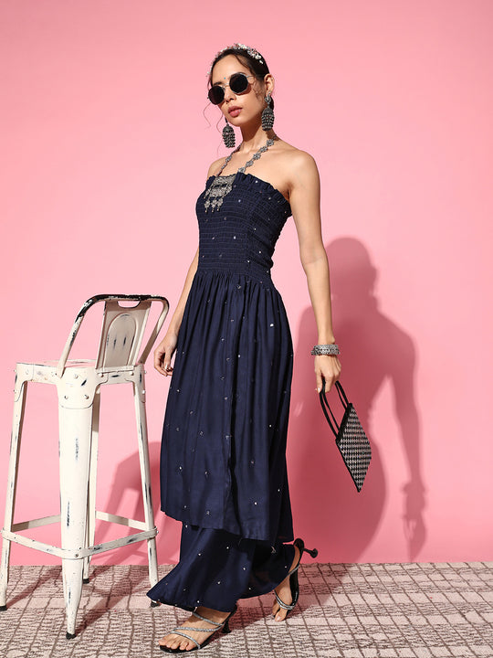 Navy Blue Mirror Work Off Shoulder Kurta Set