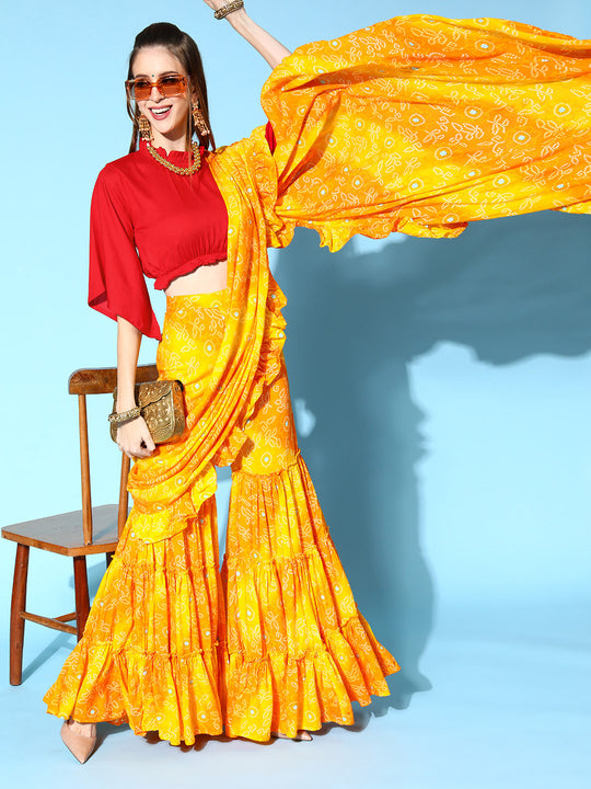 Mustard Bandhej Sharara Saree