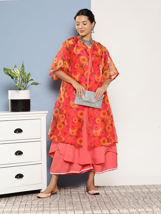 Peach Cr Strappy Set With Peach Yellow Floral Cape