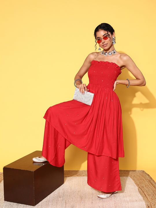 Red Mirror Work Off Shoulder Kurta Set
