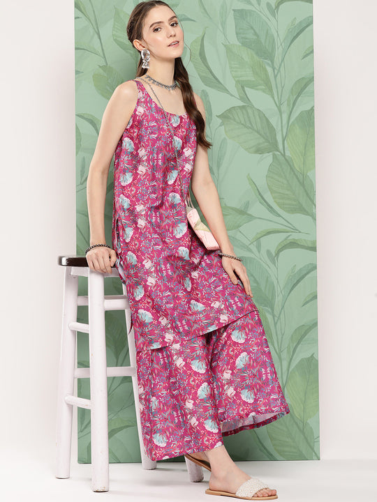 Magenta Camelia Print Crepe Kurta Set