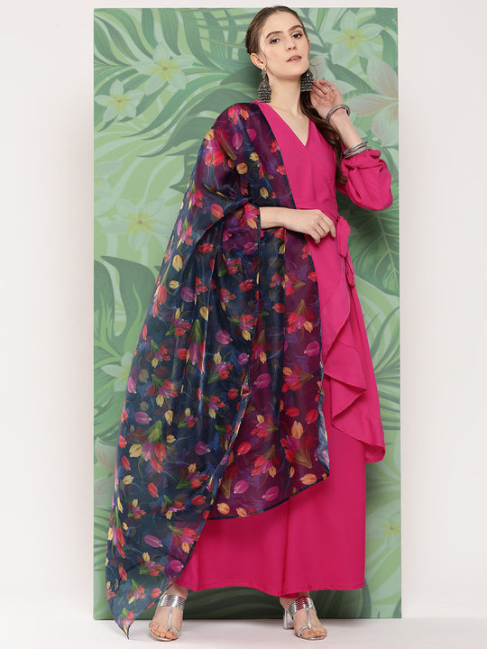 Magenta Tie Up Kurta Set W Navy Pink Or Dupatta