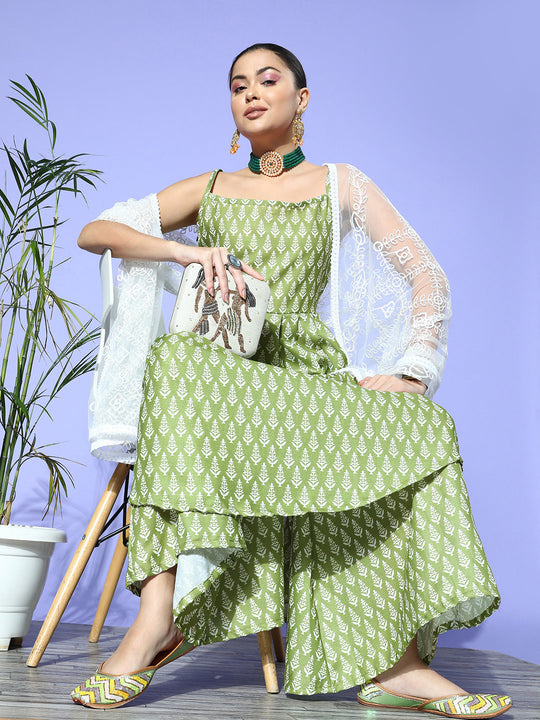 Green Small Boota Print Strappy Set With Dupatta