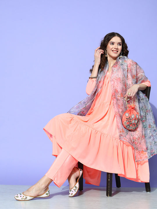 Peach Flared Kurta Set With Off White Folral Organza Dupatta