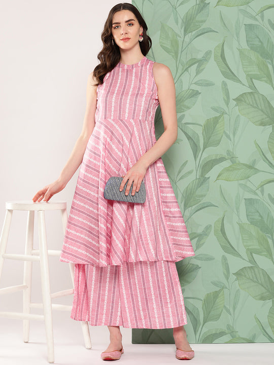 Pink Kantha Striped Kurta Set