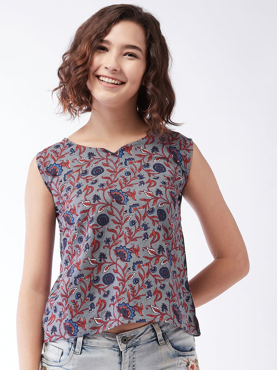 Grey Kalamkari Print Top For Teens