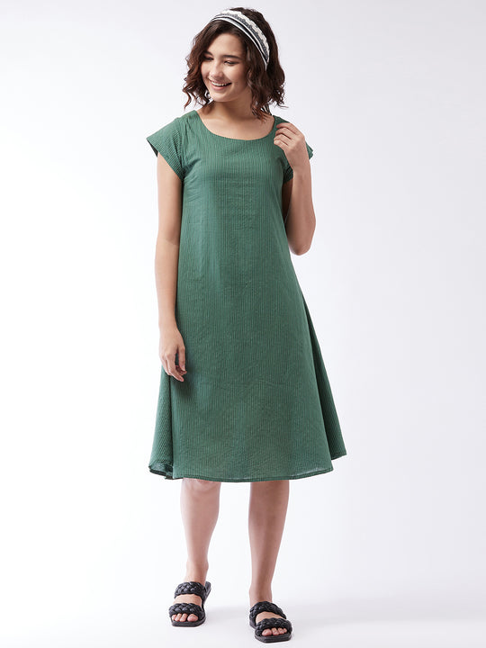 Dark Green Kantha A Line Dress For Teens
