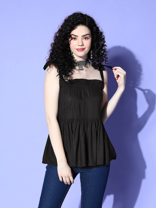 Black Shoulder Tie-Up Top