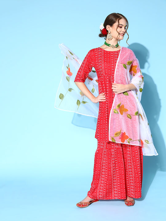 Red Bandhani Sharara Set With Dupatta