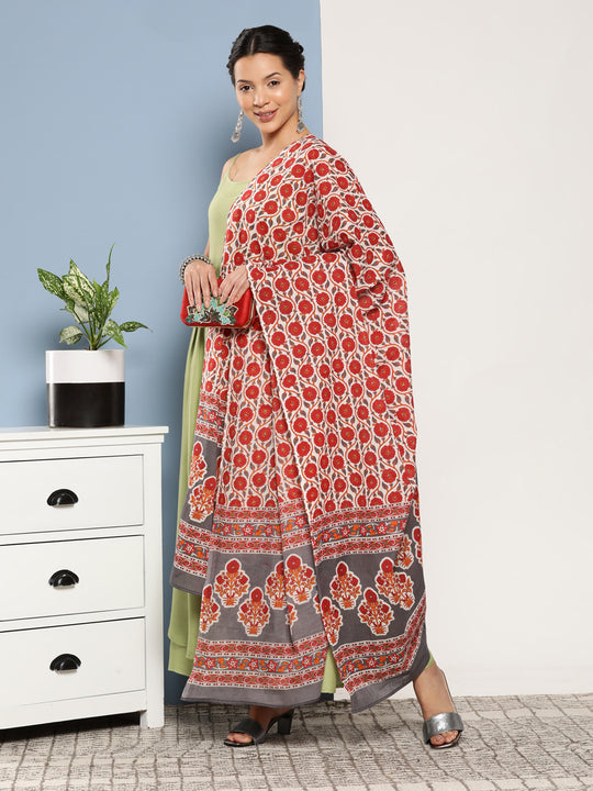 Light Green Ray Strappy Set With Orange Floral Cotton Dupatta