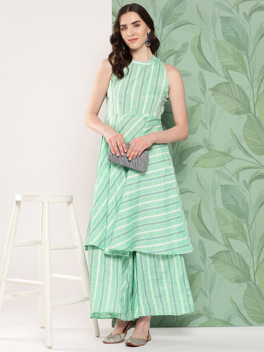 Teal Kantha Striped Kurta Set