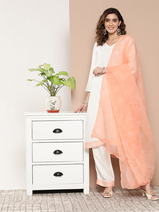 Cream Straight Kurta Set W Peach White Print Organza Dupatta