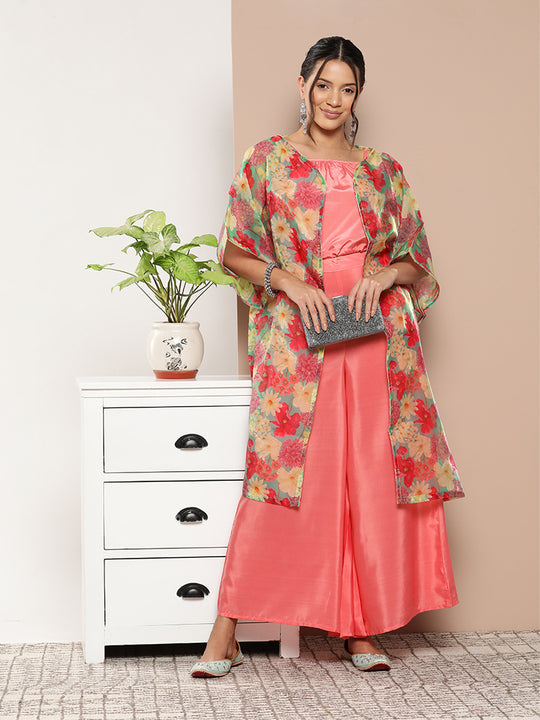 Cassatta Peach Coord Set W -Pink Green Floral Cape