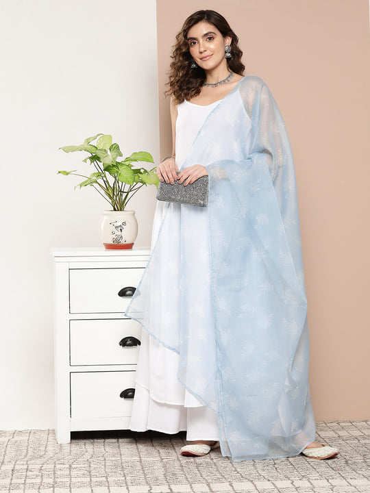 Cream Strappy With Blue White Chintz Organza Dupatta