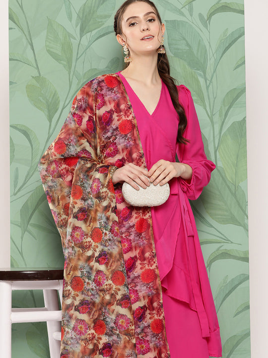 Magenta Tie Up Kurta Set W Camel Brown Or Dupatta