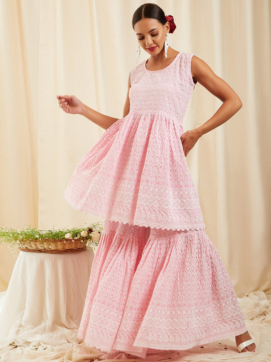 Pink Lace Work Kurta Sharara Set