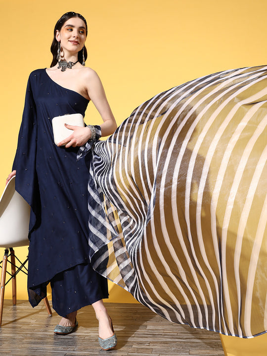 Navy Mirror Work One Shoulder Kurta Set With Dupatta