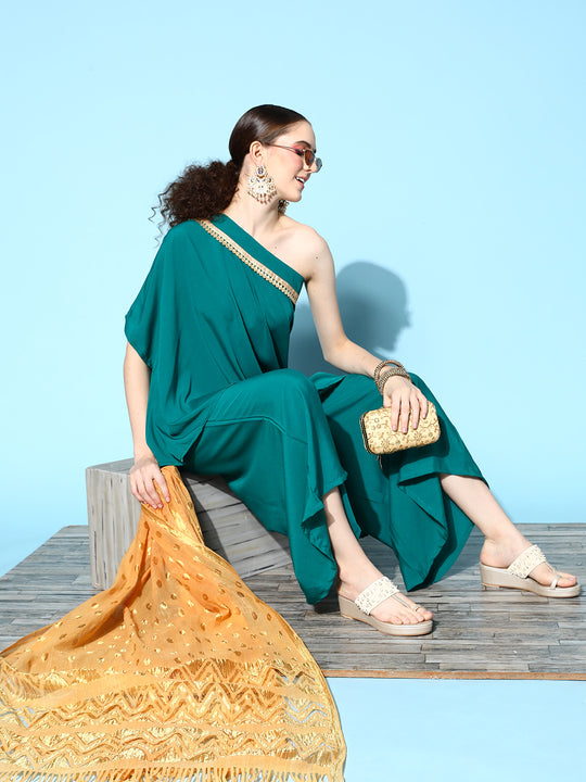 Teal Green One Shoulder Kurta Set - Gota W Dupatta