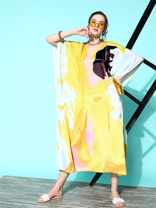 Yellow Big Abstract Print Long Kaftan