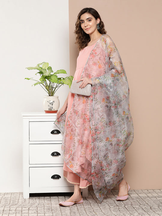 Light Pink Cr Strappy Set With White Organza Dupatta