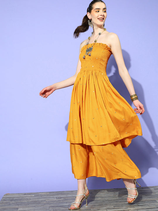 Mustard Mirror Work Off Shoulder Kurta Set