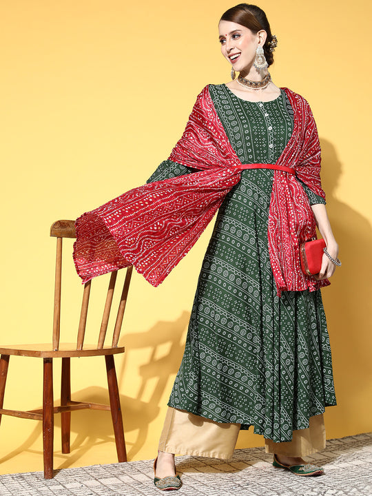 Green Bandhani Anarkali with Dupatta