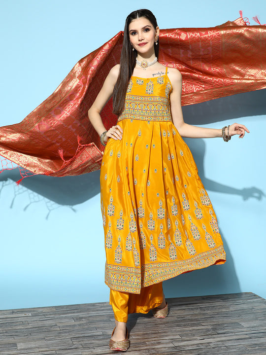 Mustard Foil Print Strappy Set