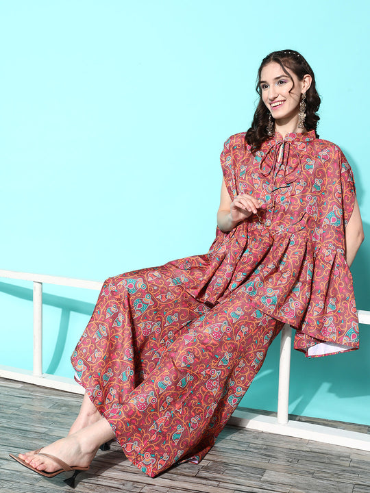 Rustish Brown Bird Motif Tiered Kaftan Kurta Set