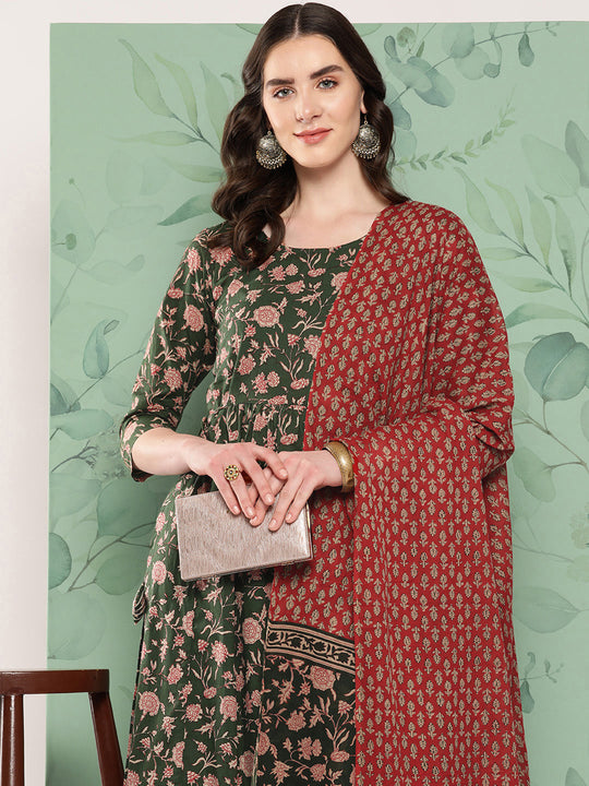 Green Floral Motif Nyra Kurta Set With Dupatta