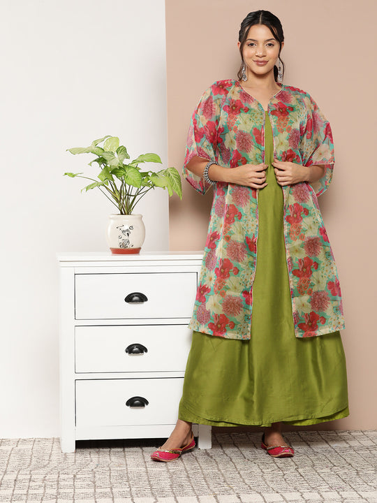 Olive Green Strappy Set With Pink Green Floral Cape