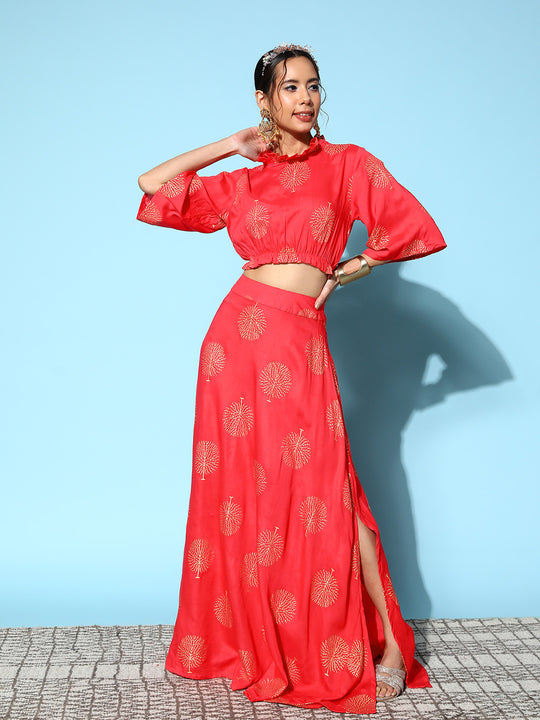 Red Gold Printed Crop Top With Side Slit Skirt