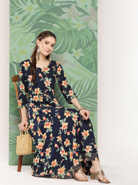 Black Tropical Print Gota Long Dress
