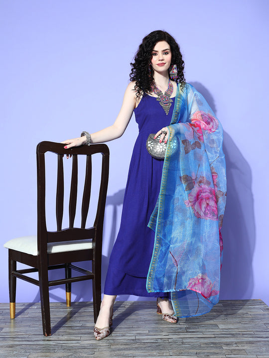 Strappy Set In Ink Blue With Blue  Fuschia Floral Organza Dupatta