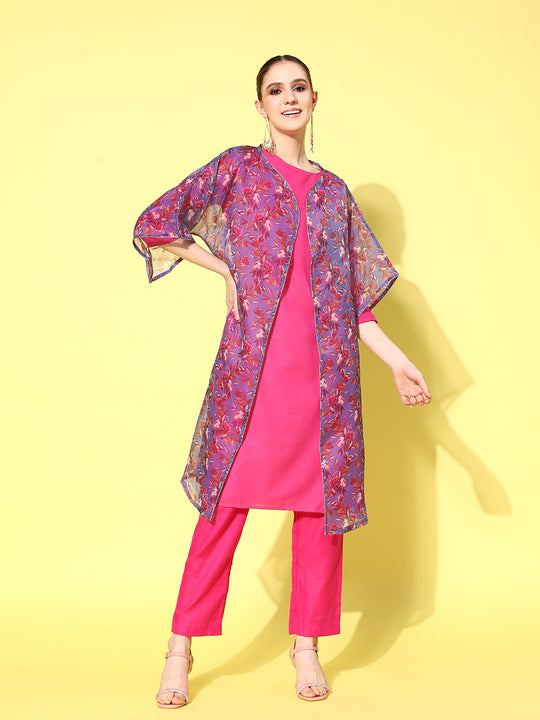 Purple White Chint Long Organza Cape