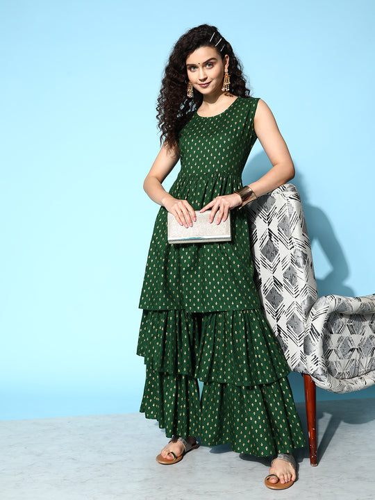 Forest Green Gold Print Tiered Sharara Set