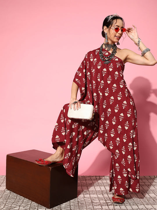 Maroon Boota One Shoulder Top With Palazzo Set