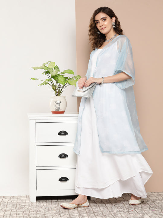Cream Strappy With Blue White Chintz Organza Cape