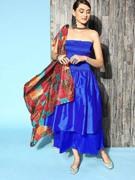 Ink Blue Off Shoulder Silk Kurta Set -Multi Bandhej Dupatta