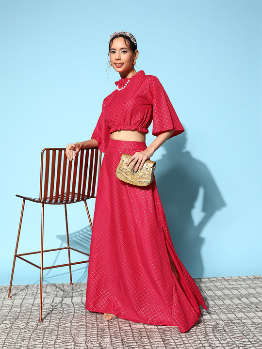 Candy Red Gold Crop Top With Side Slit Skirt