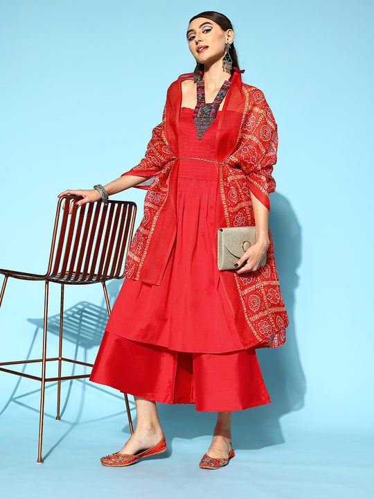 Red Off Shoulder Silk Kurta Set Red Kota Bandhej Dupatta