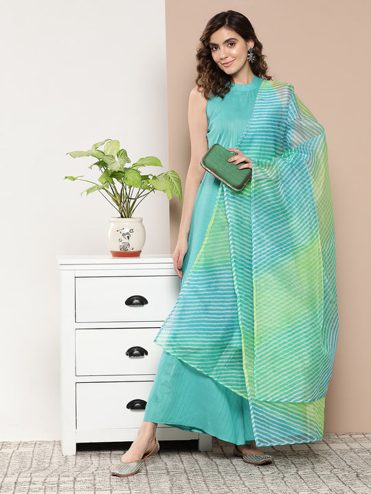 Teal Lurex Boho Kurta Set With Aqua Leh Organza Dupatta