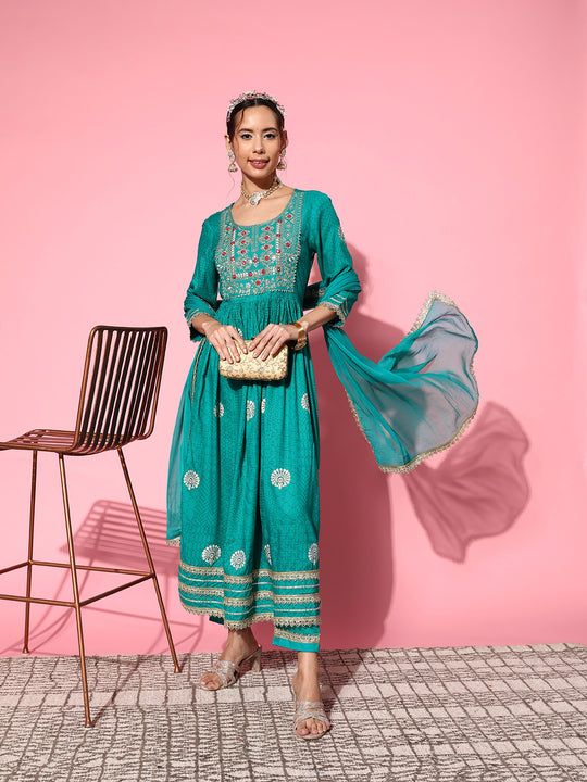 Teal Nyra Cut Embroidered Kurta Set With Dupatta
