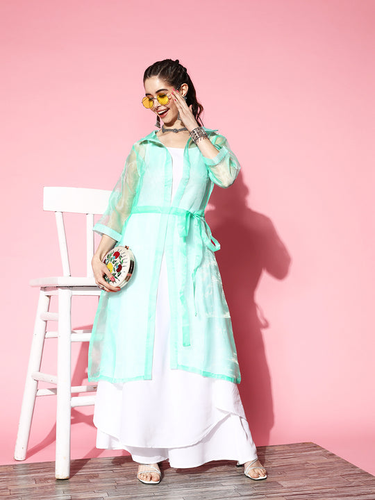 CREAM STRAPPY KURTA SET WITH TEAL ORGANZA CAPE